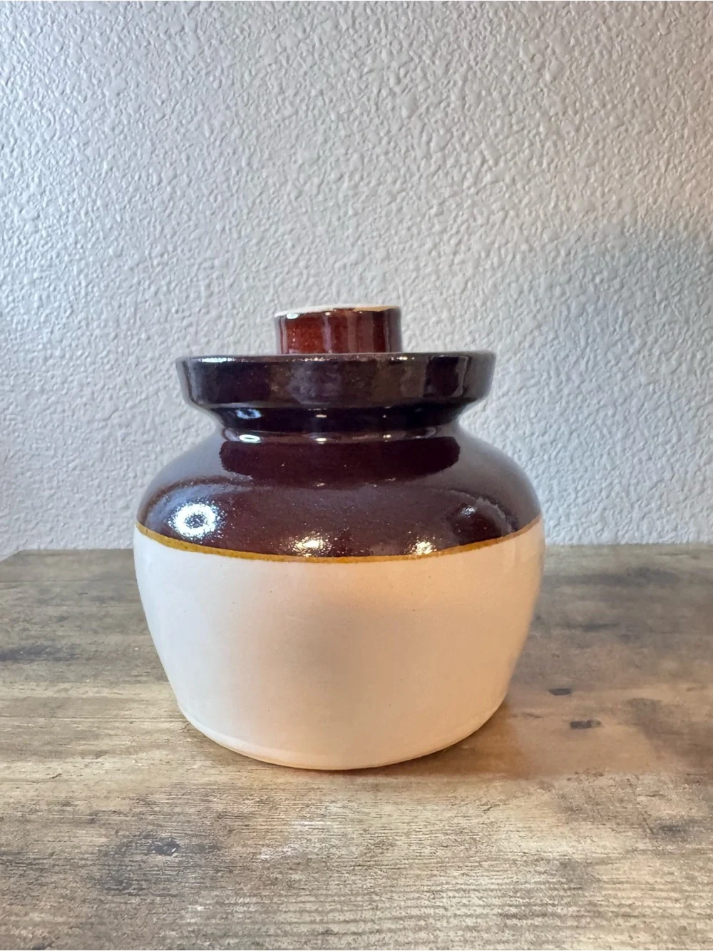 Brown & Cream Stoneware Crock Jar with Lid